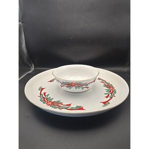 Vintage Tienshan Fine China Poinsetta Ribbon Chip & Dip Set, Nice for Holidays!